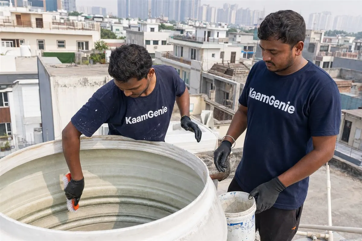 KaamGenie crew cleaning a water tank in Knowledge Park, Greater Noida