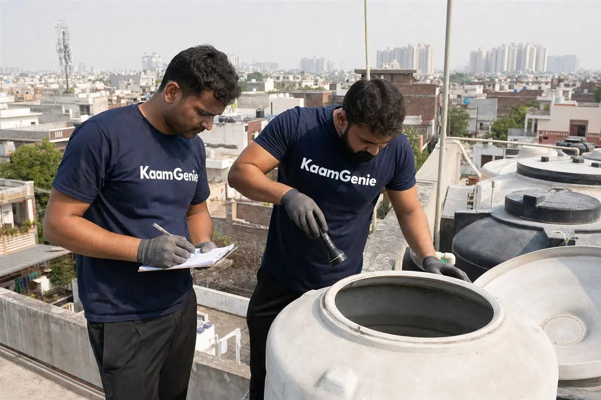 KaamGenie crew cleaning a water tank in Mu, Greater Noida