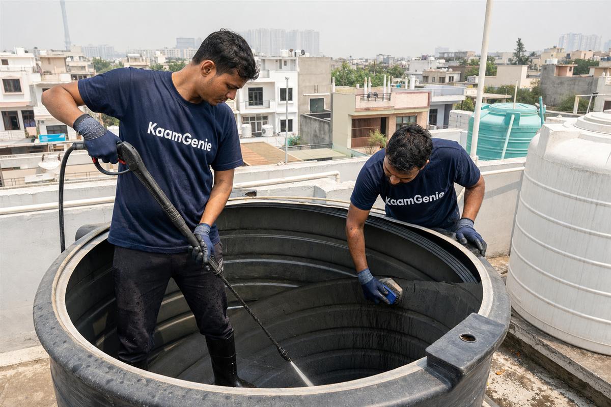 KaamGenie crew cleaning a water tank in Omicron, Greater Noida