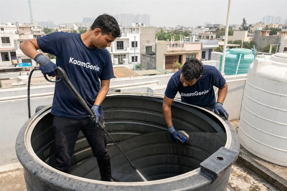 KaamGenie crew cleaning a water tank in Omicron, Greater Noida