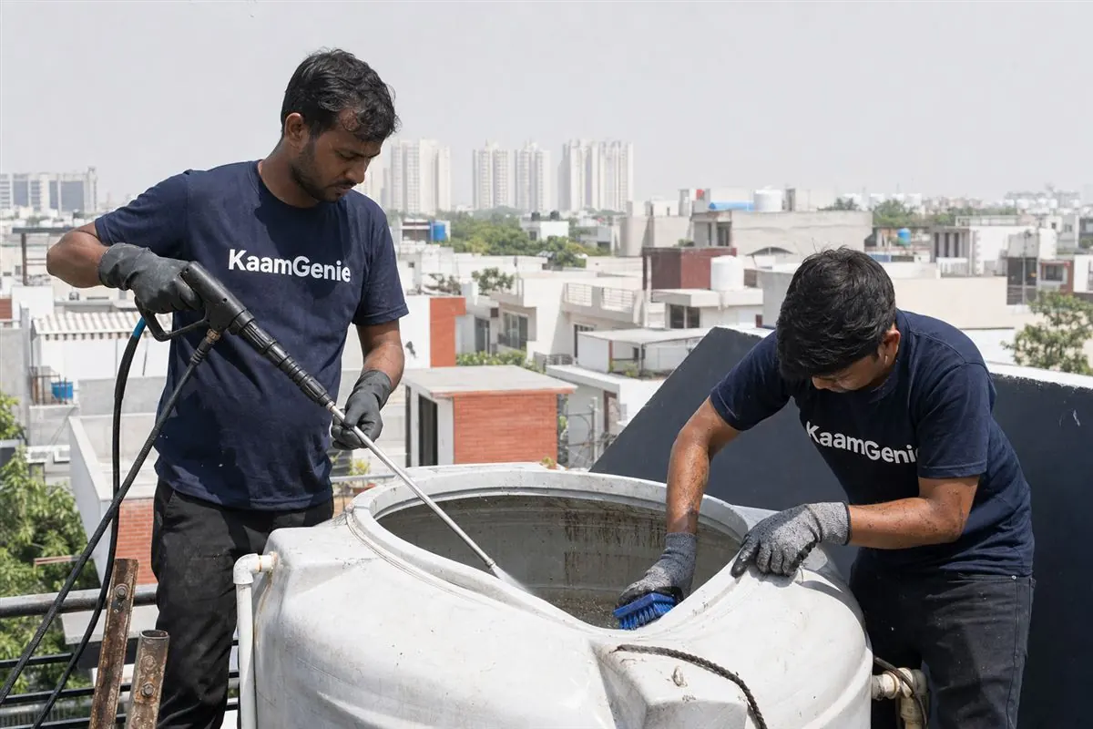 KaamGenie crew cleaning a water tank in Pari Chowk, Greater Noida