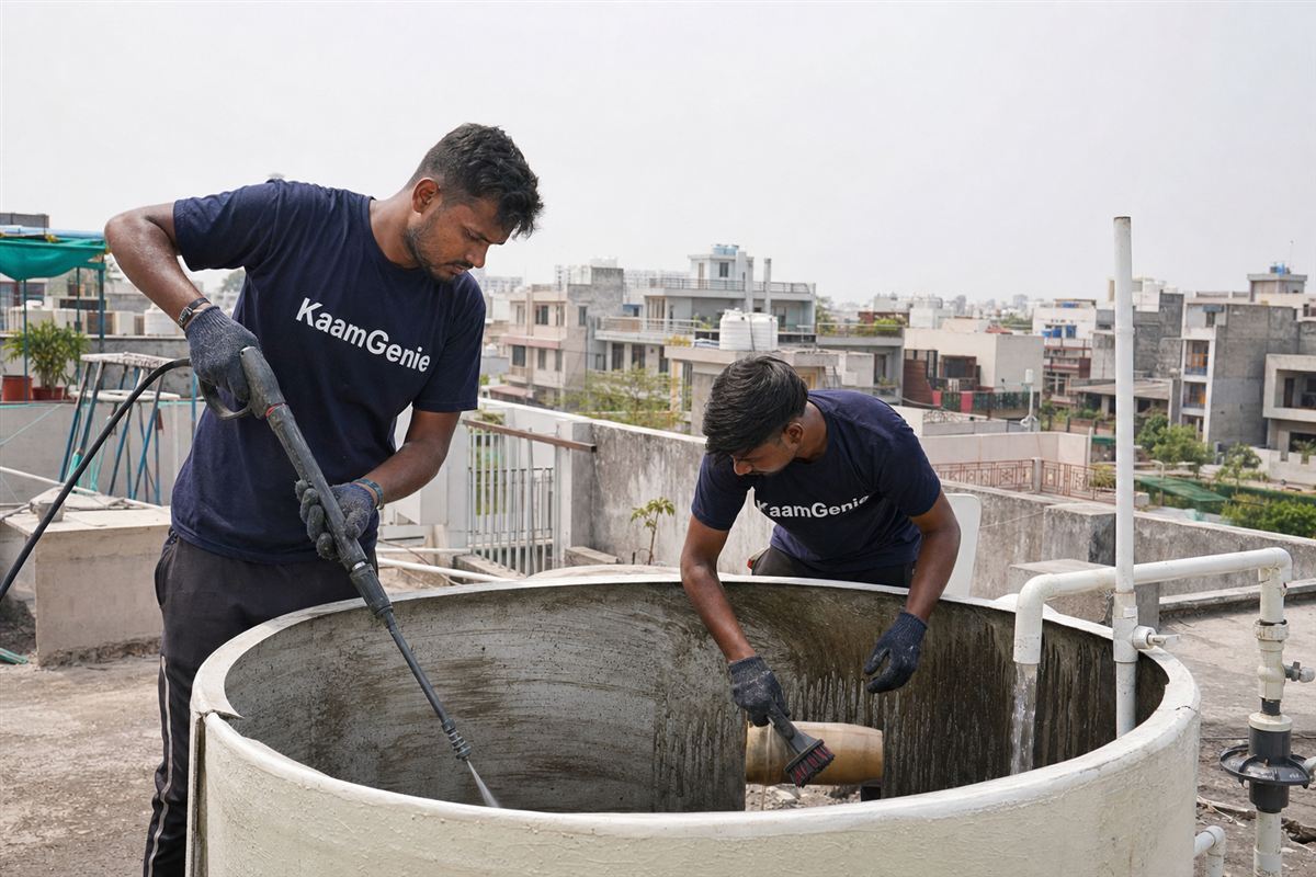 KaamGenie crew cleaning a water tank in Phi, Greater Noida