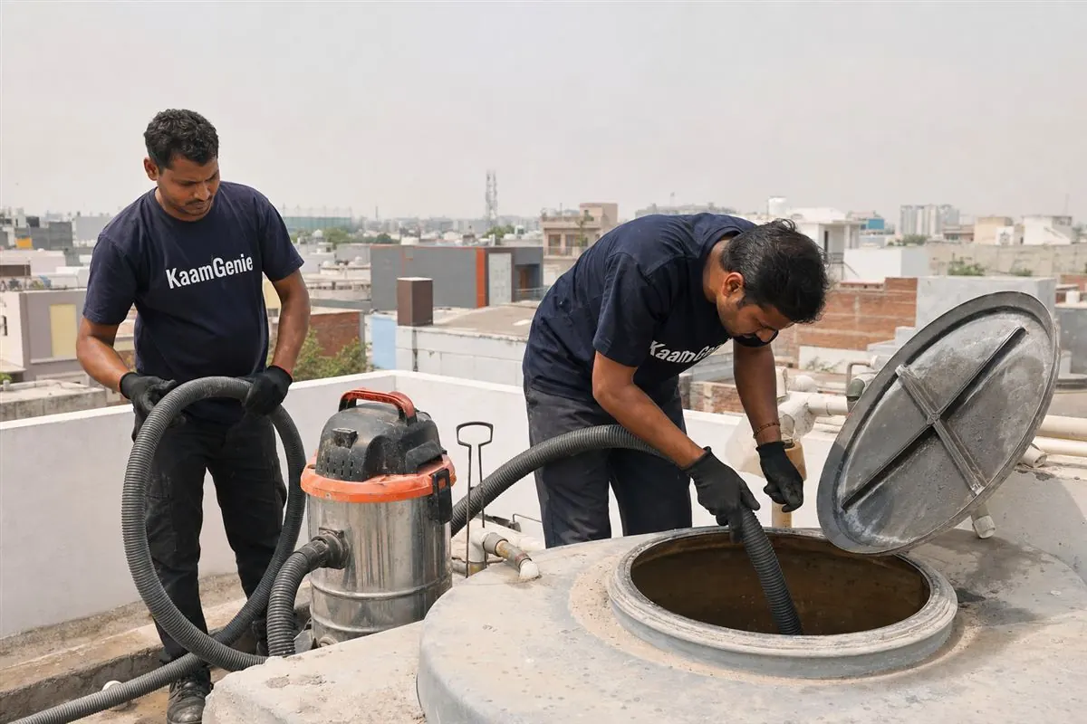 KaamGenie crew cleaning a water tank in Rho, Greater Noida