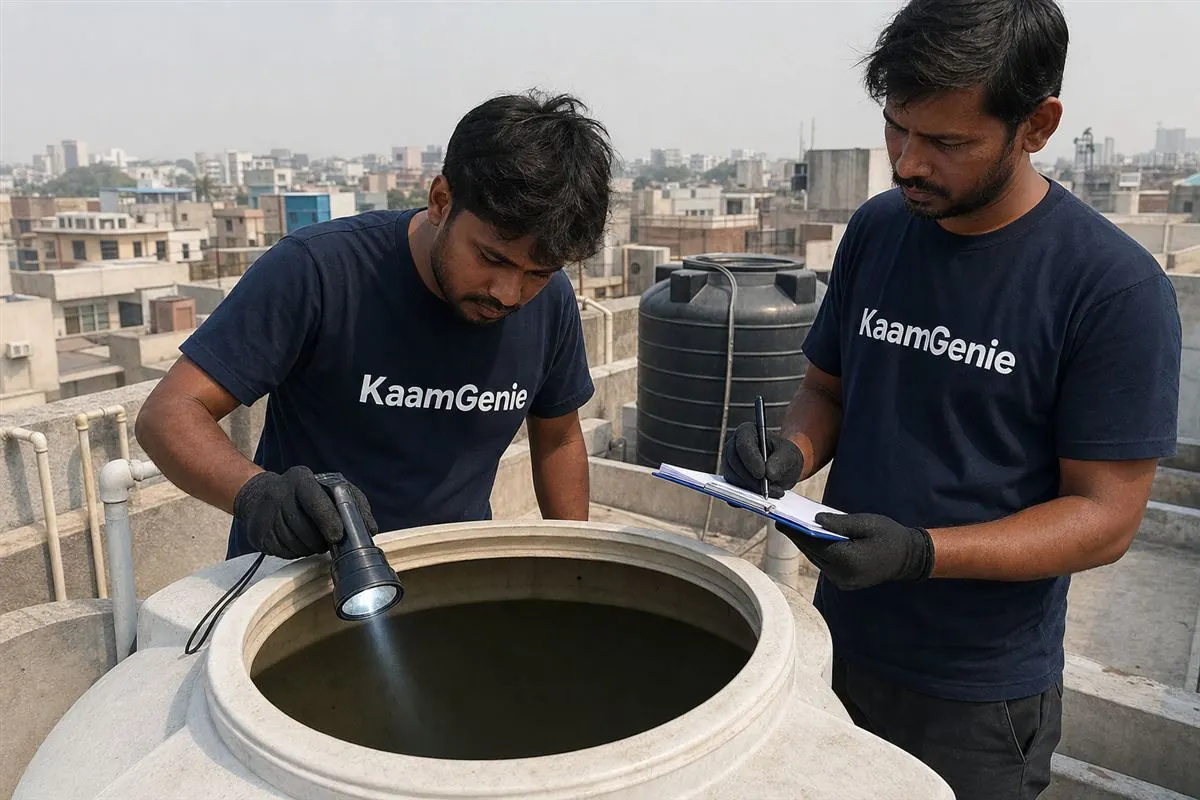 KaamGenie crew cleaning a water tank in Sigma, Greater Noida