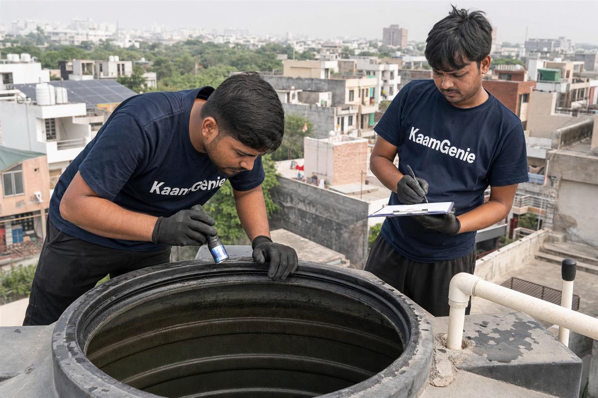 KaamGenie crew cleaning a water tank in Surajpur, Greater Noida