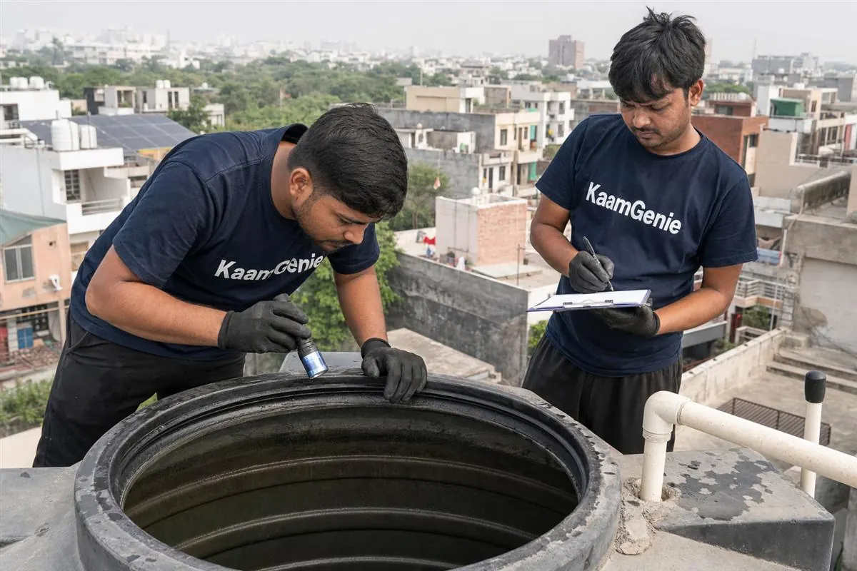 KaamGenie crew cleaning a water tank in Surajpur, Greater Noida