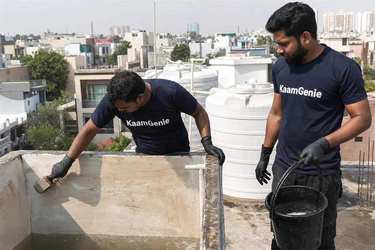KaamGenie crew cleaning a water tank in Tau, Greater Noida