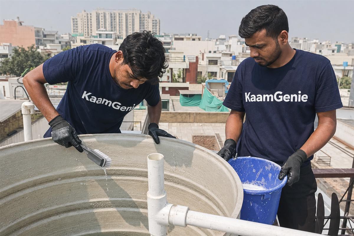 KaamGenie crew cleaning a water tank in Techzone, Greater Noida