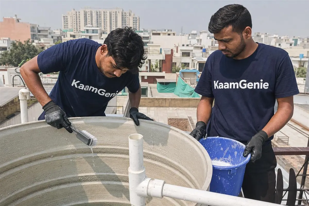 KaamGenie crew cleaning a water tank in Techzone, Greater Noida