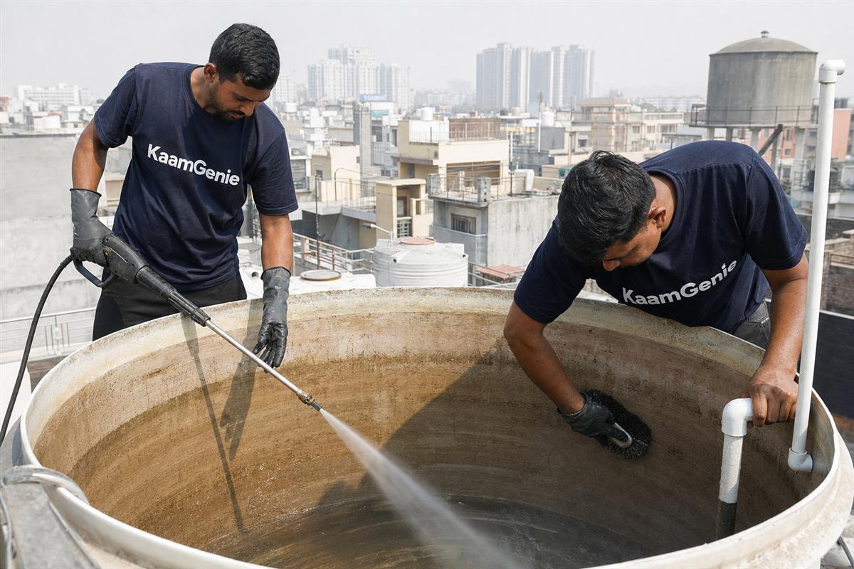 KaamGenie crew cleaning a water tank in Tilapta, Greater Noida