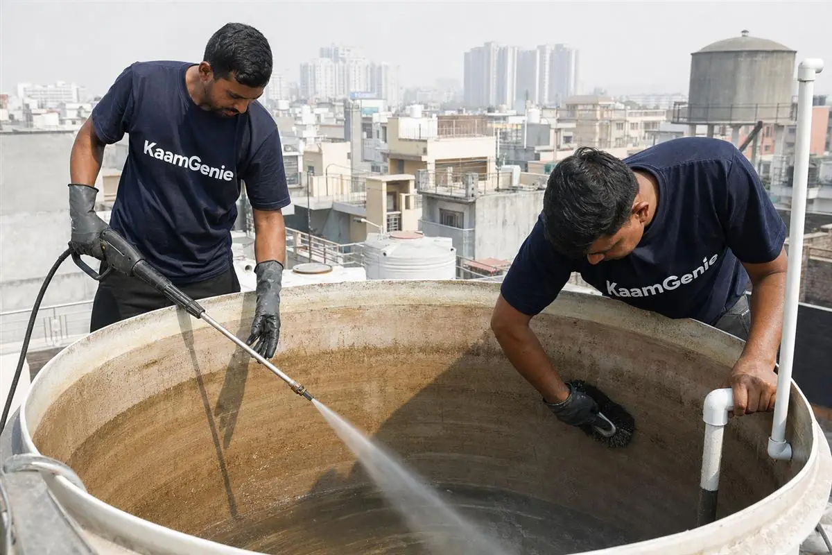 KaamGenie crew cleaning a water tank in Tilapta, Greater Noida
