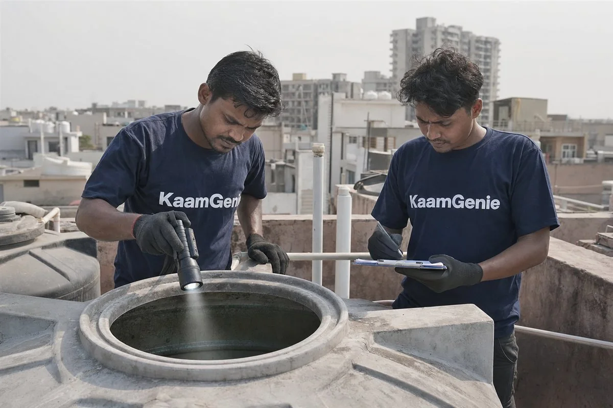 KaamGenie crew cleaning a water tank in Tugalpur, Greater Noida