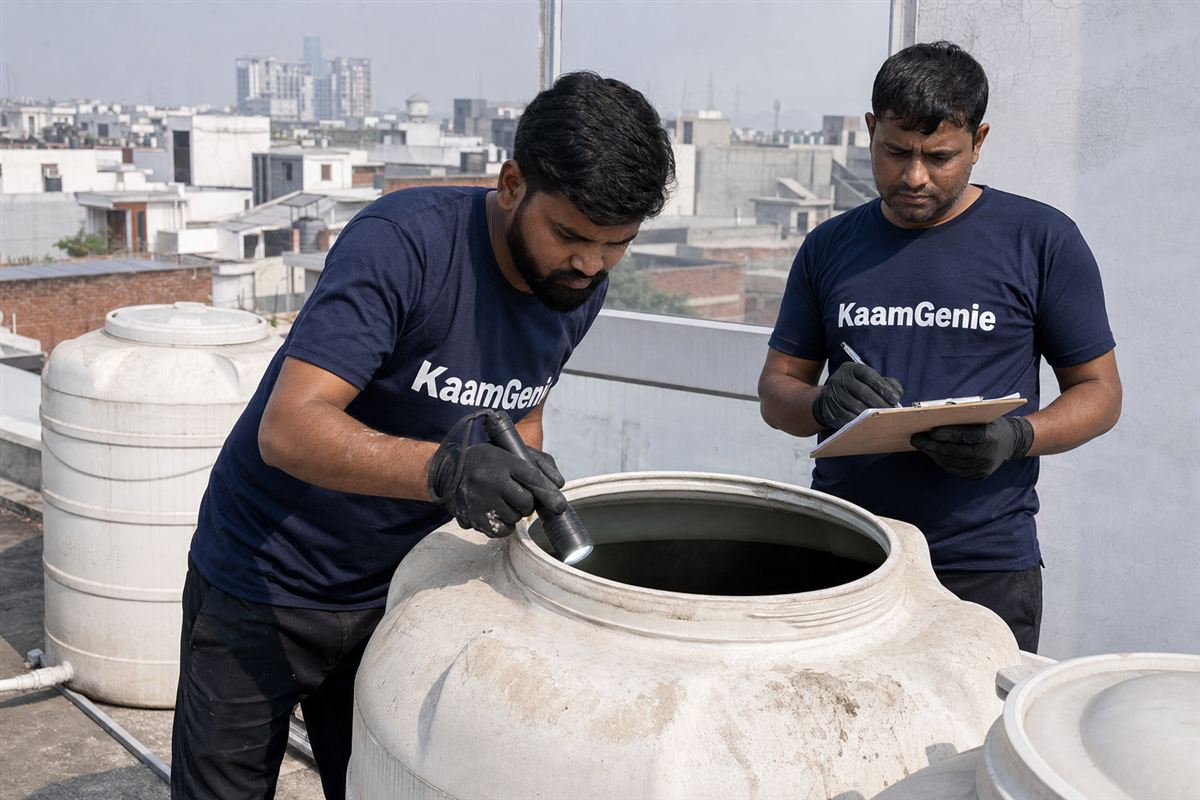 KaamGenie crew cleaning a water tank in Xu, Greater Noida