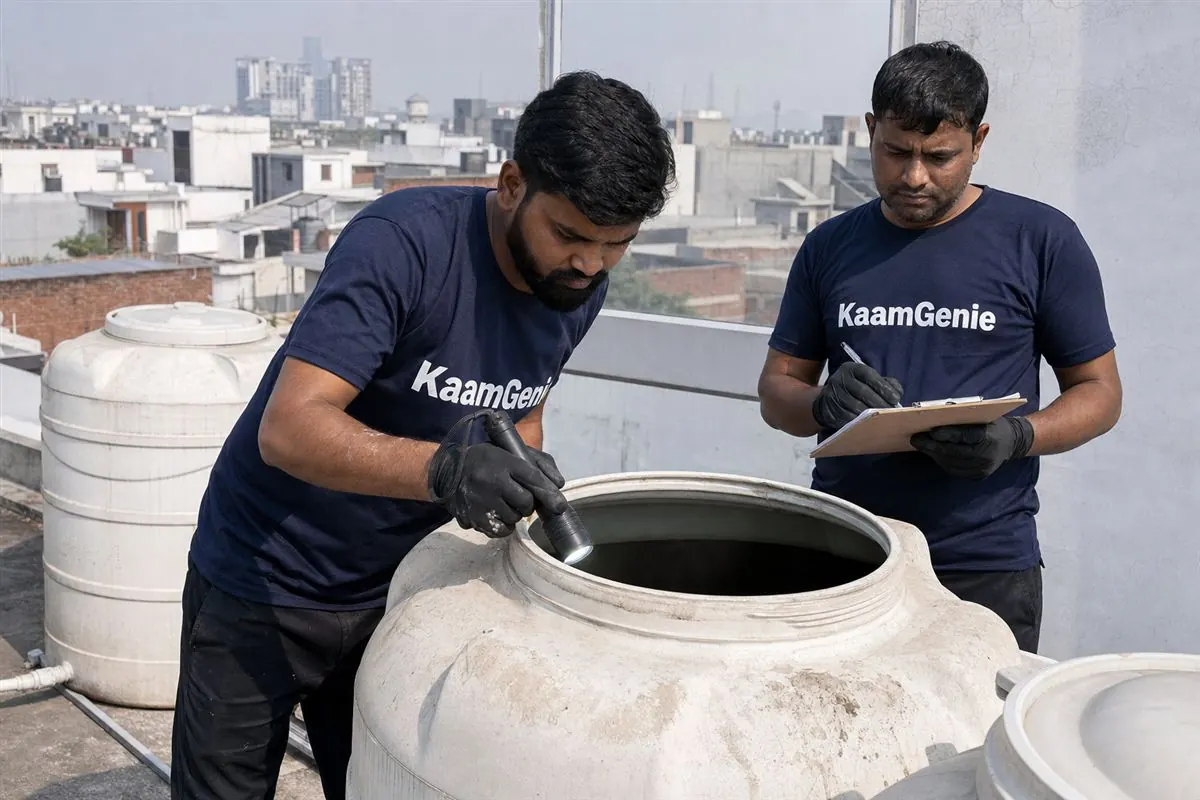 KaamGenie crew cleaning a water tank in Xu, Greater Noida