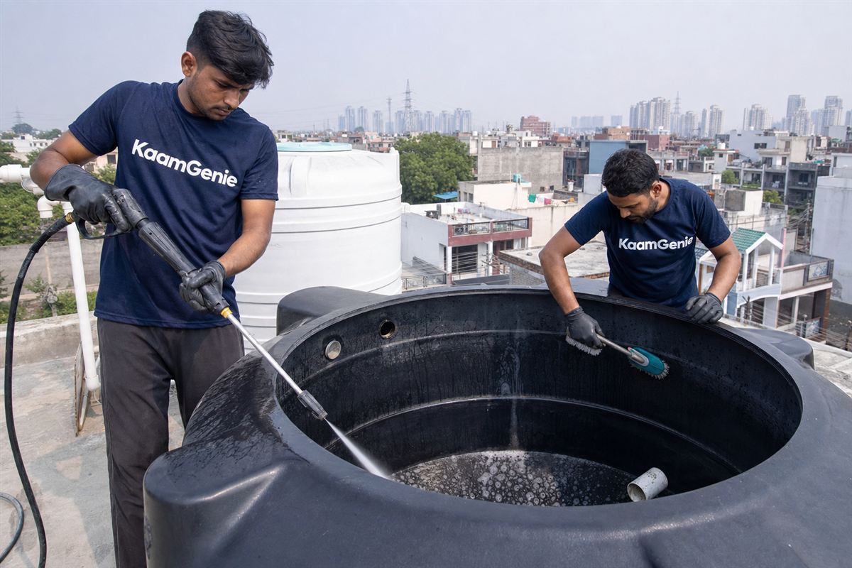 KaamGenie crew cleaning a water tank in Zeta, Greater Noida