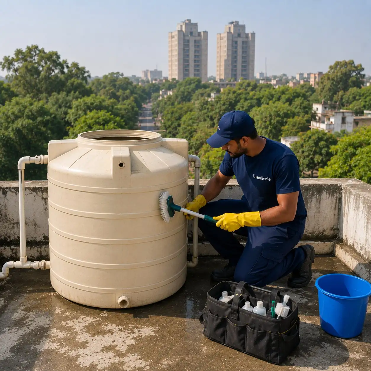 KaamGenie crew member cleaning a plastic overhead water tank on a Green Park Main builder floor rooftop with IIT Delhi towers in background