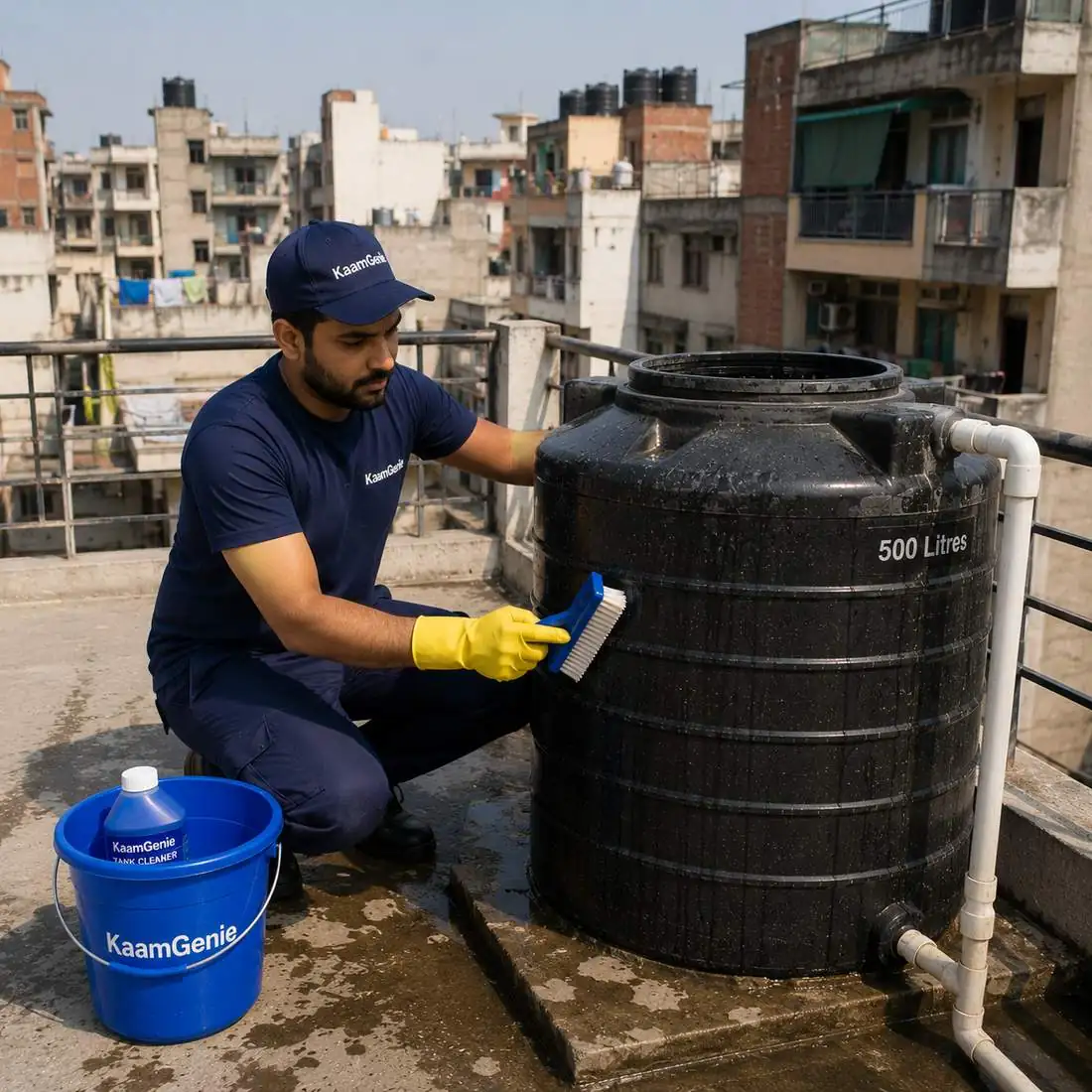 KaamGenie crew cleaning a water tank in GTB Nagar, West Delhi