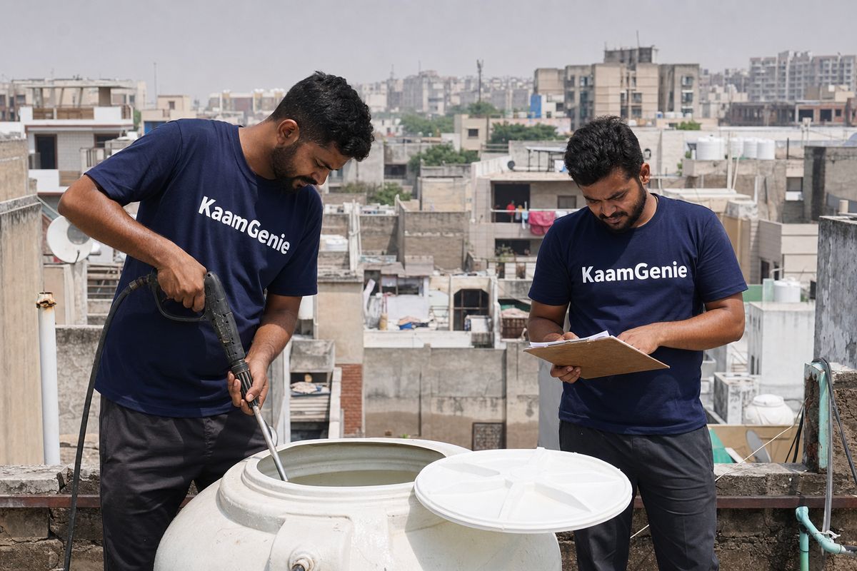 KaamGenie crew cleaning a water tank in Gujranwala Town / Colony, North Delhi