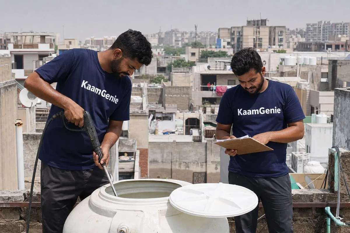 KaamGenie crew cleaning a water tank in Gujranwala Town / Colony, North Delhi