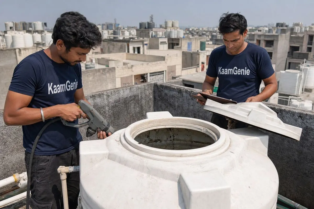 KaamGenie crew cleaning a water tank in Gulabi Bagh, North Delhi
