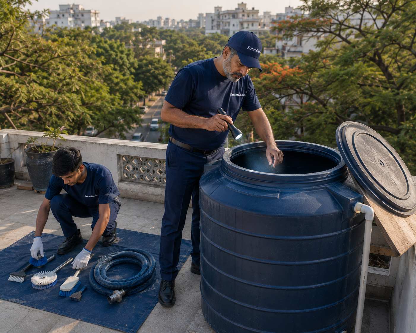 KaamGenie crew cleaning an overhead water tank on a Gulmohar Park rooftop in South Delhi