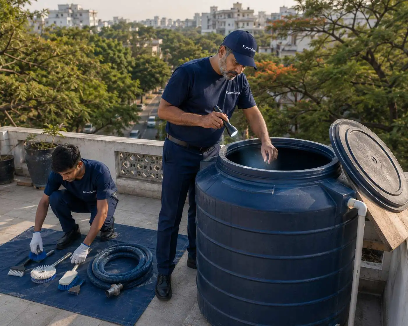 KaamGenie crew cleaning an overhead water tank on a Gulmohar Park rooftop in South Delhi