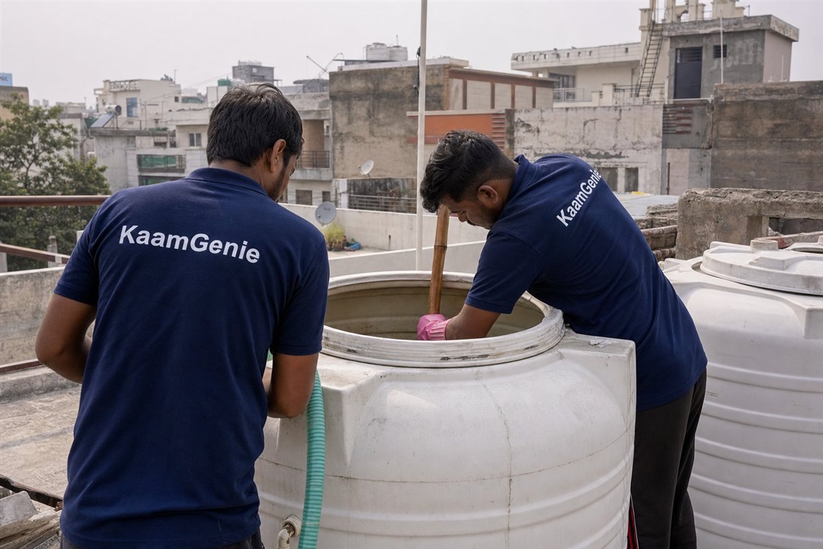 KaamGenie crew cleaning a water tank in Ashok Vihar, Gurgaon