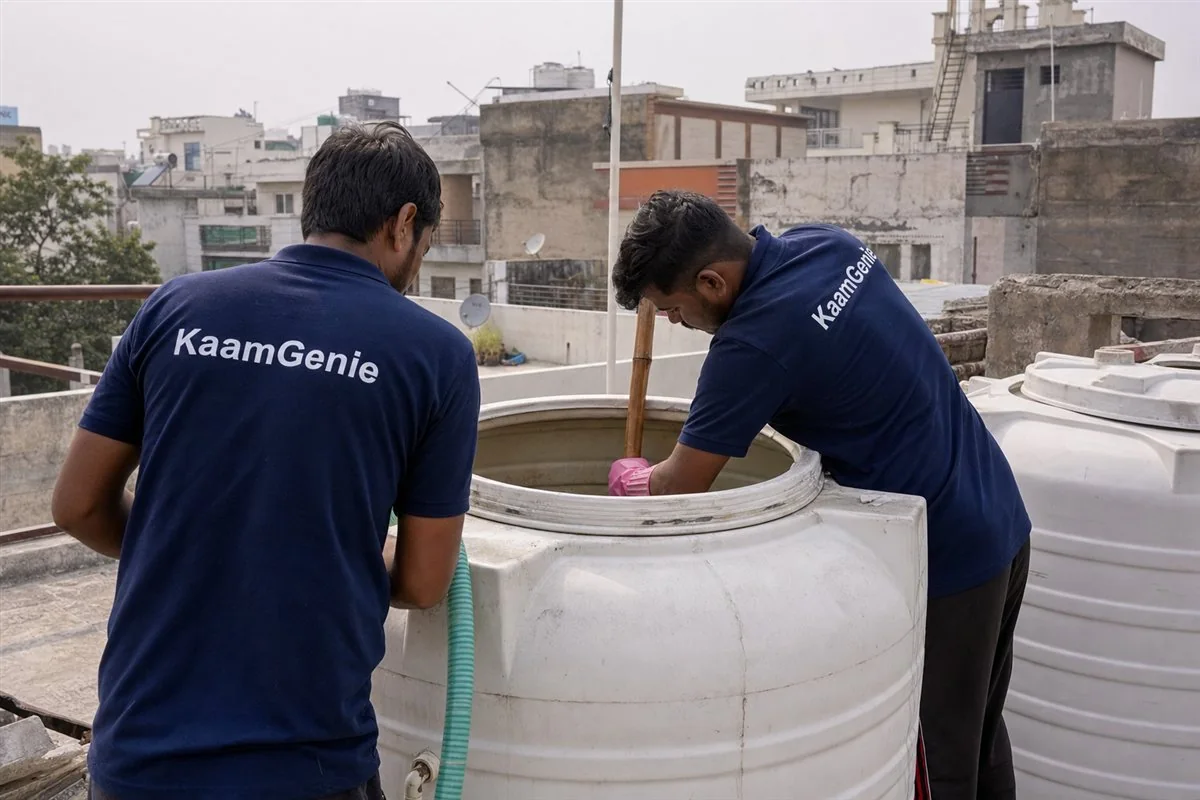 KaamGenie crew cleaning a water tank in Ashok Vihar, Gurgaon