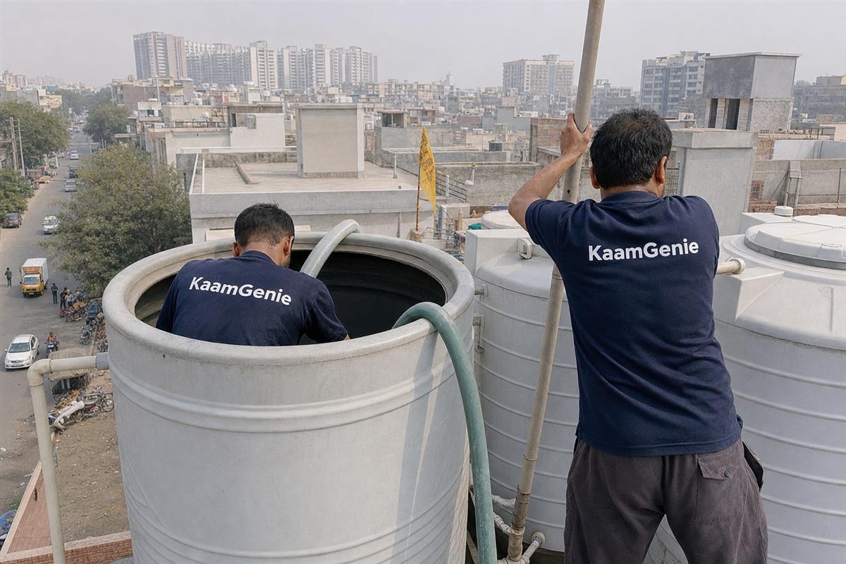 KaamGenie crew cleaning a water tank in Badshahpur, Gurgaon