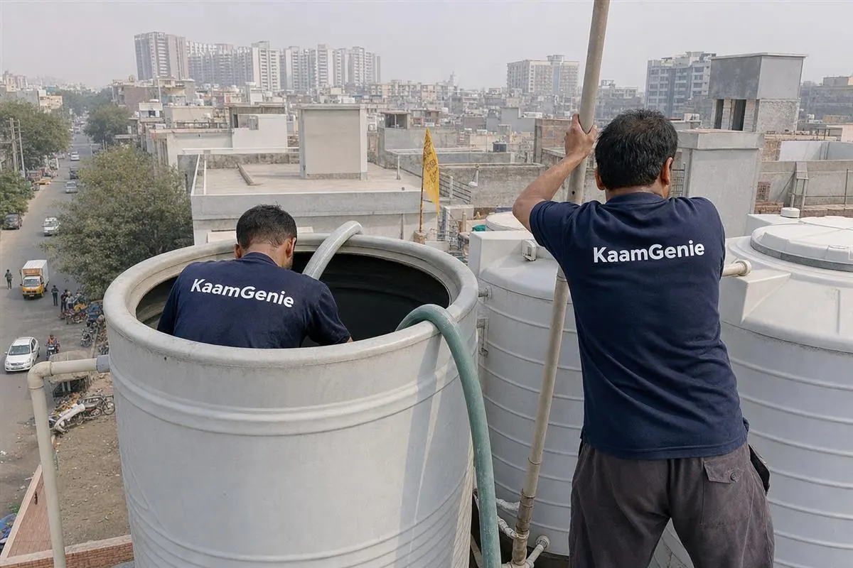 KaamGenie crew cleaning a water tank in Badshahpur, Gurgaon