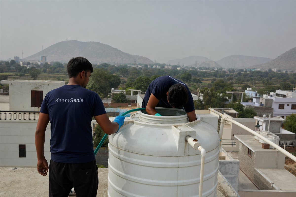 KaamGenie crew cleaning a water tank in Bhondsi, Gurgaon