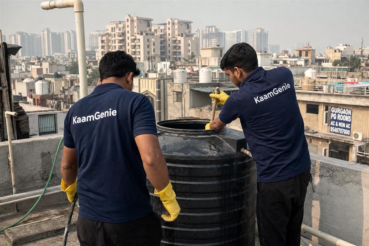 KaamGenie crew cleaning a water tank in Chakkarpur, Gurgaon