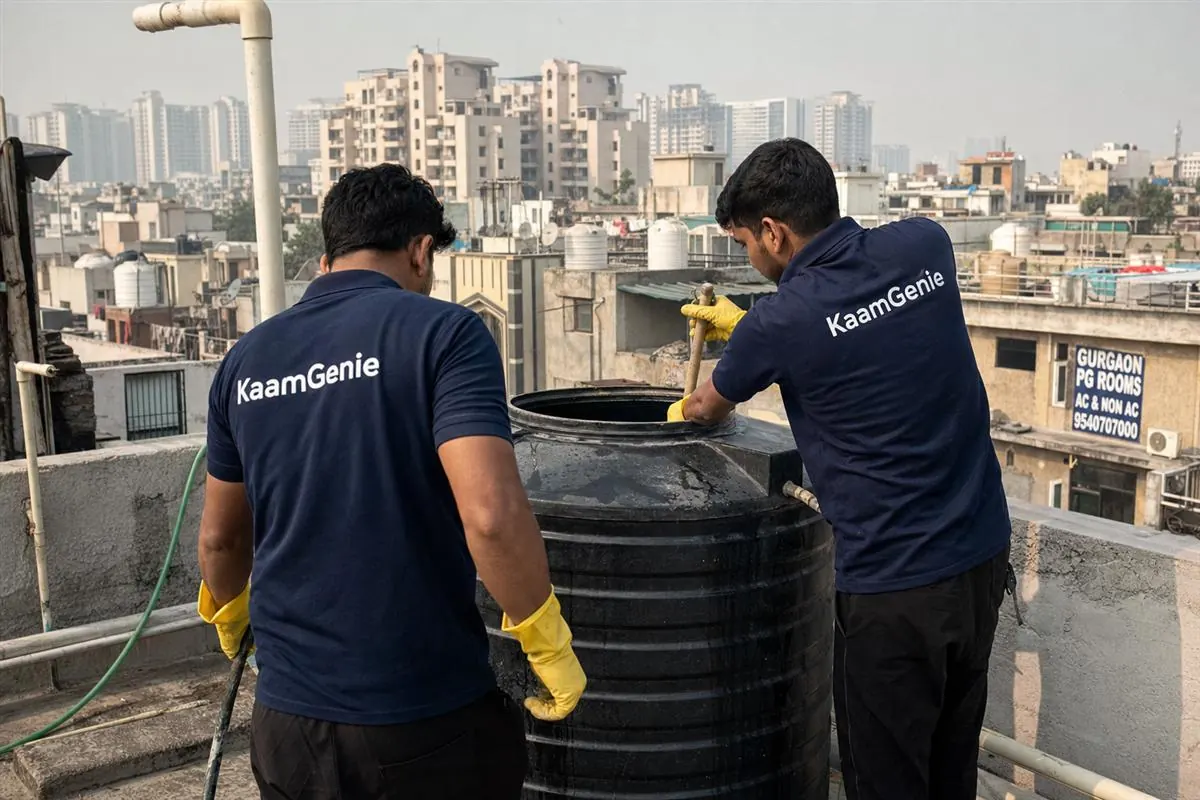 KaamGenie crew cleaning a water tank in Chakkarpur, Gurgaon