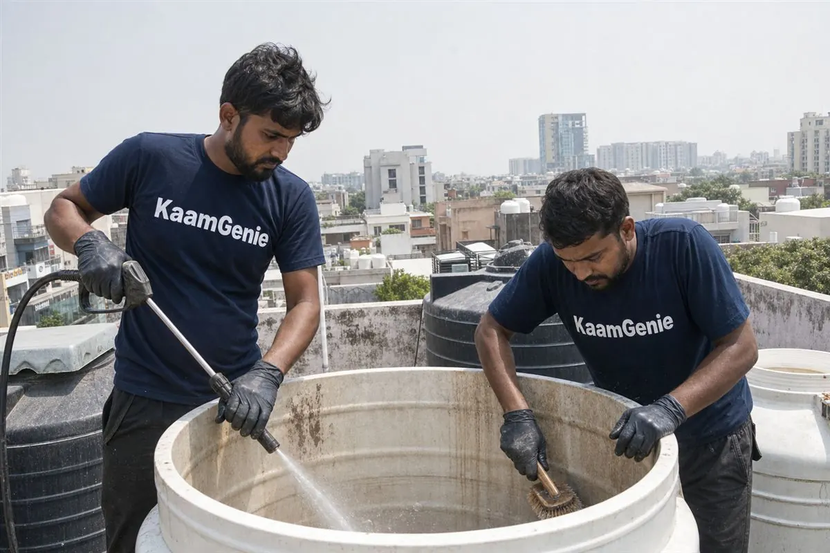 KaamGenie crew cleaning a water tank in Cyber City, Gurgaon