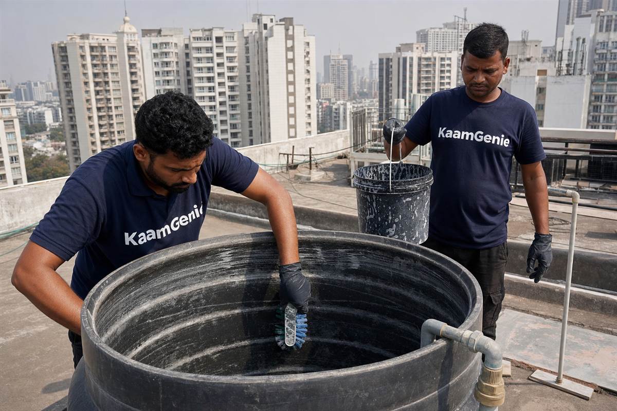 KaamGenie crew cleaning a water tank in DLF Phase 2, Gurgaon