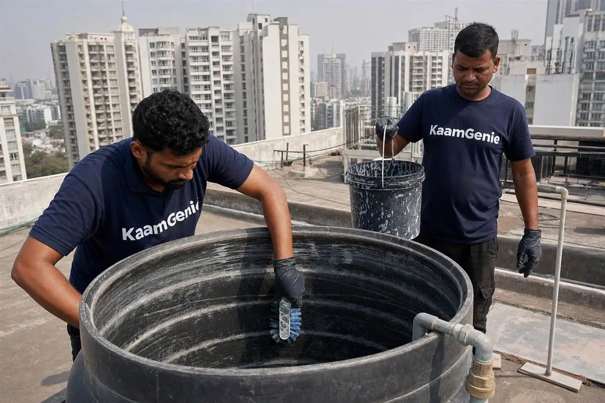 KaamGenie crew cleaning a water tank in DLF Phase 2, Gurgaon