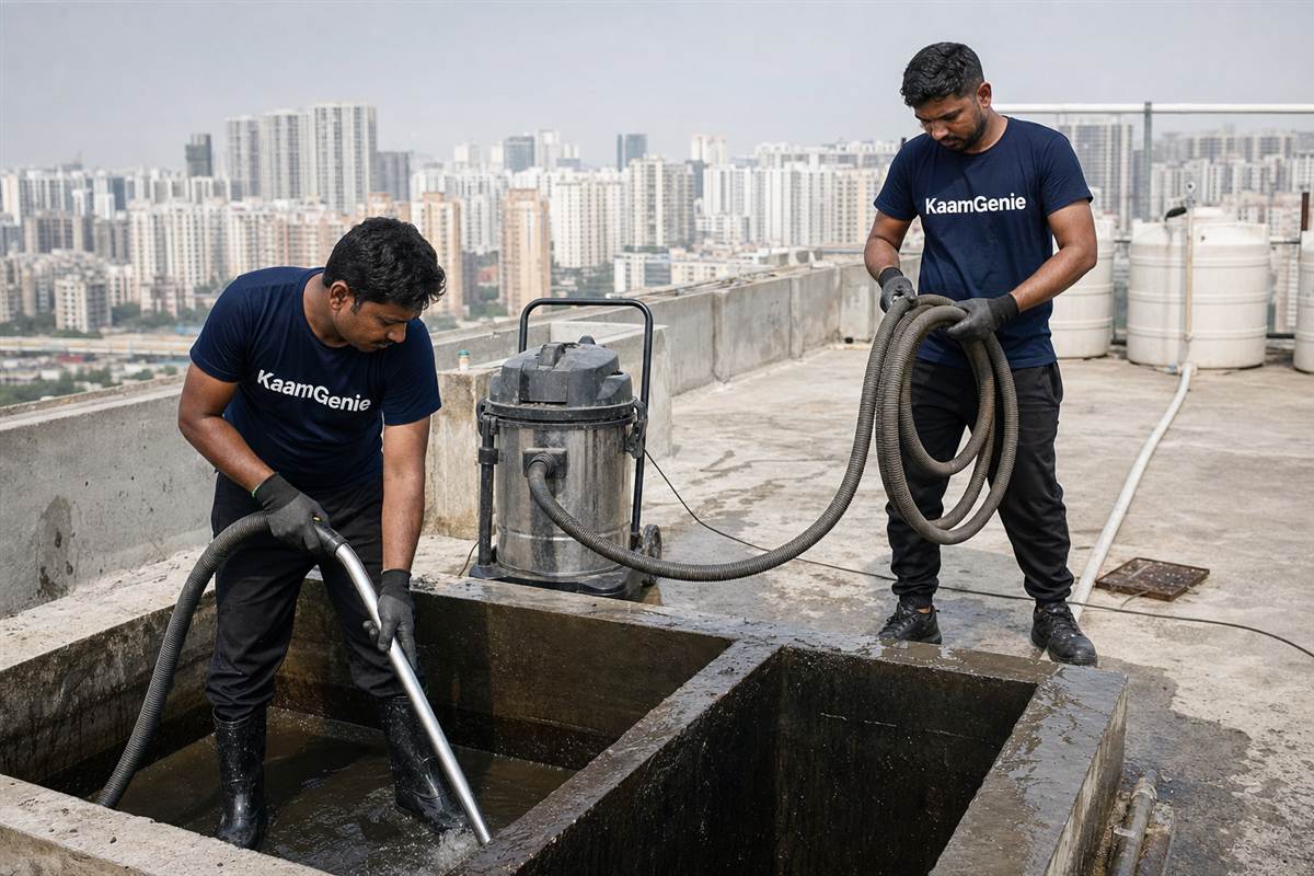 KaamGenie crew cleaning a water tank in DLF Phase 3, Gurgaon