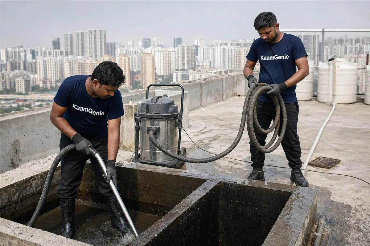KaamGenie crew cleaning a water tank in DLF Phase 3, Gurgaon