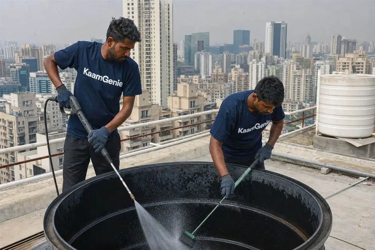 KaamGenie crew cleaning a water tank in DLF Phase 4, Gurgaon