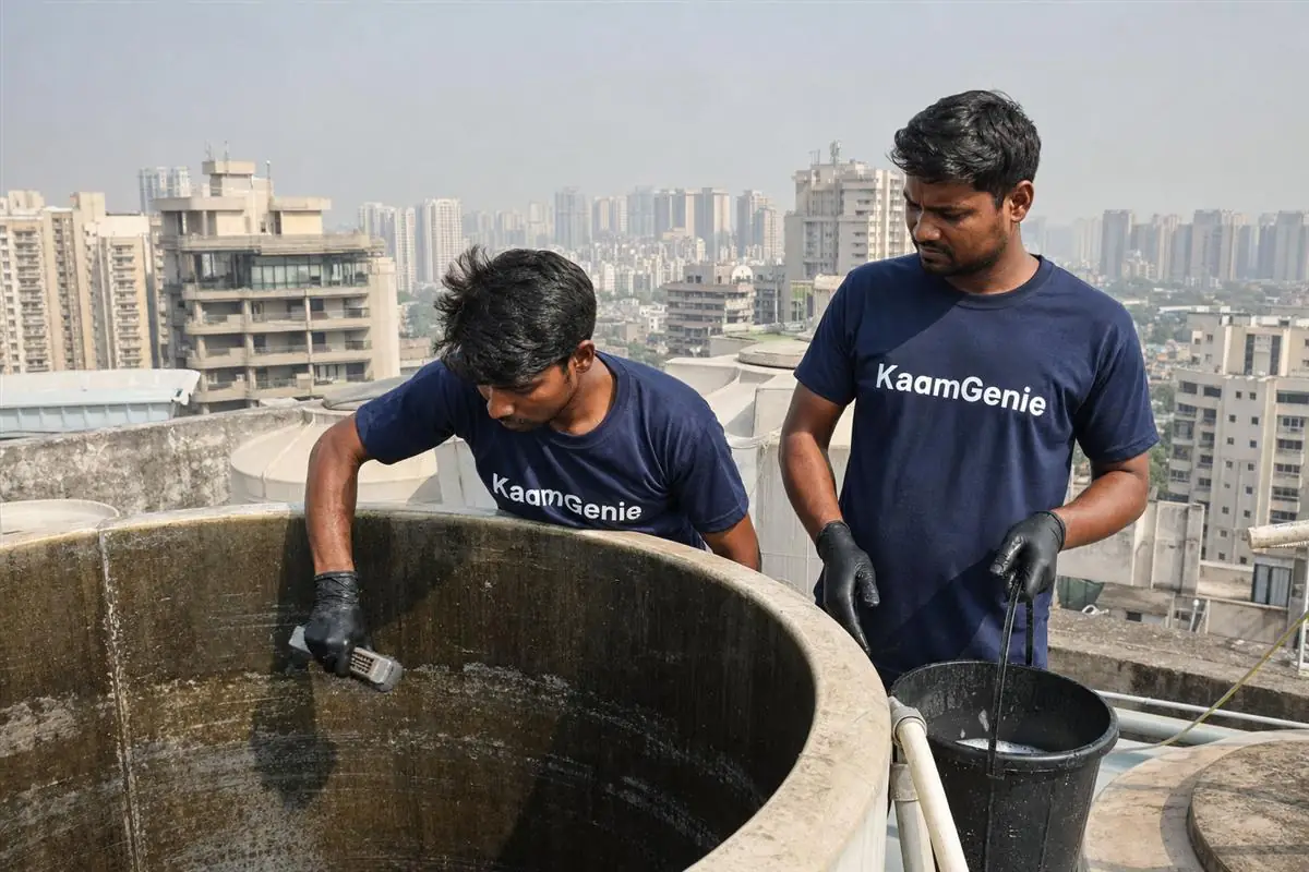 KaamGenie crew cleaning a water tank in DLF Phase 5, Gurgaon