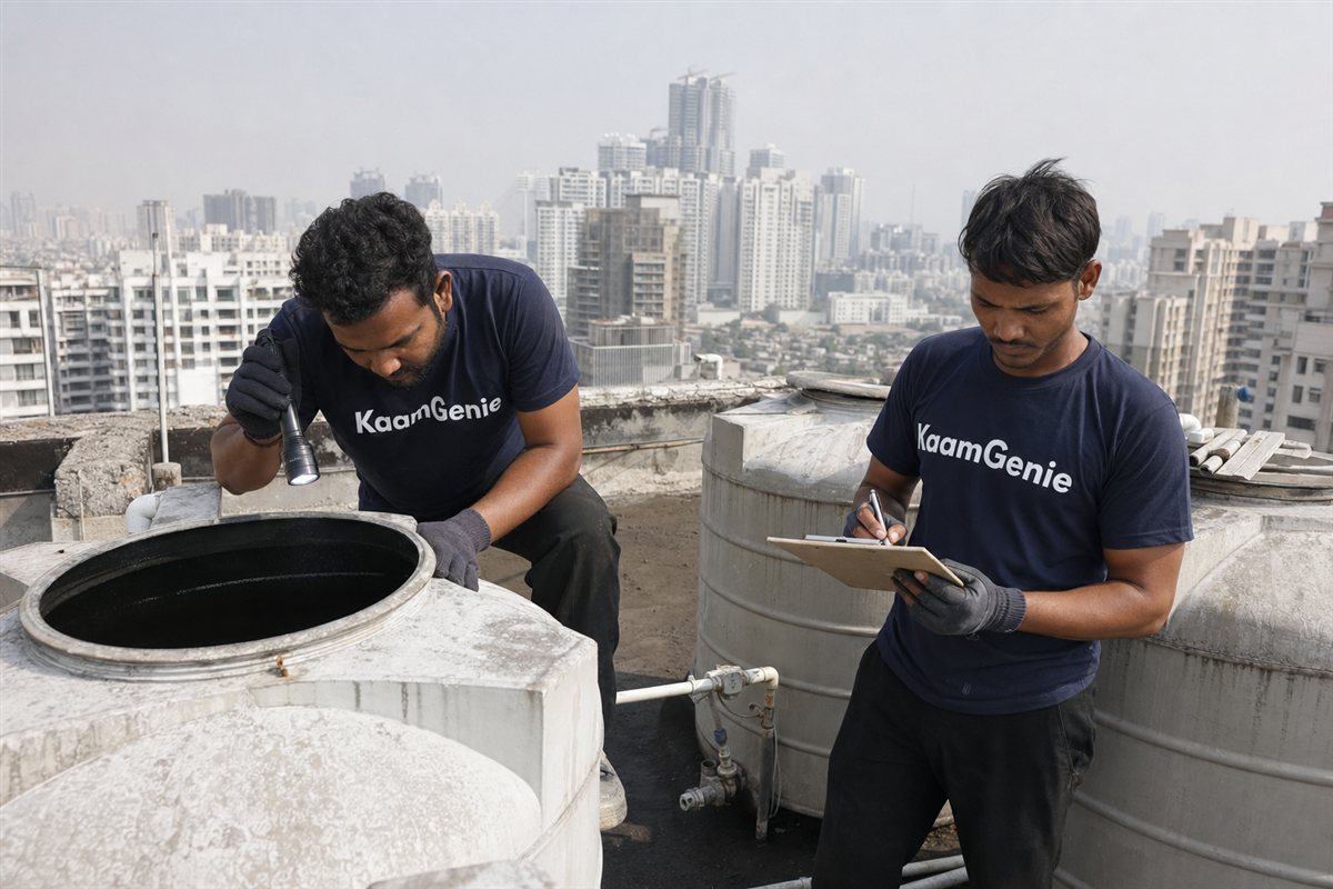 KaamGenie crew cleaning a water tank in Golf Course Road, Gurgaon