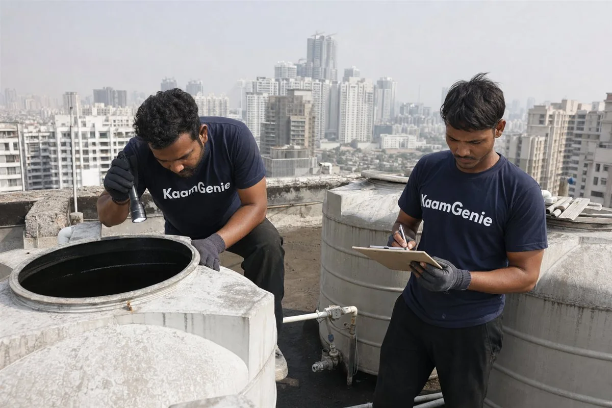 KaamGenie crew cleaning a water tank in Golf Course Road, Gurgaon