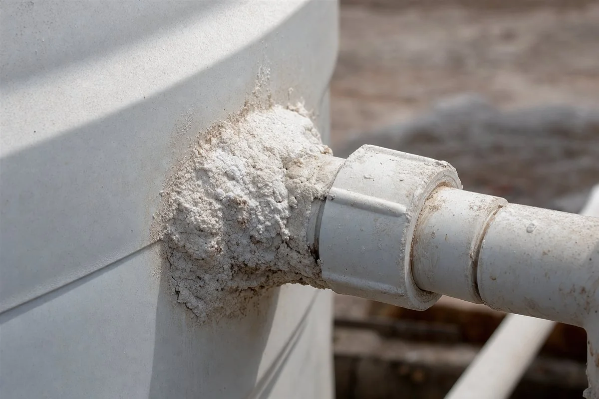 Close-up of thick white-grey calcium scale crust coating the inside wall and floor of a Gurgaon overhead water tank