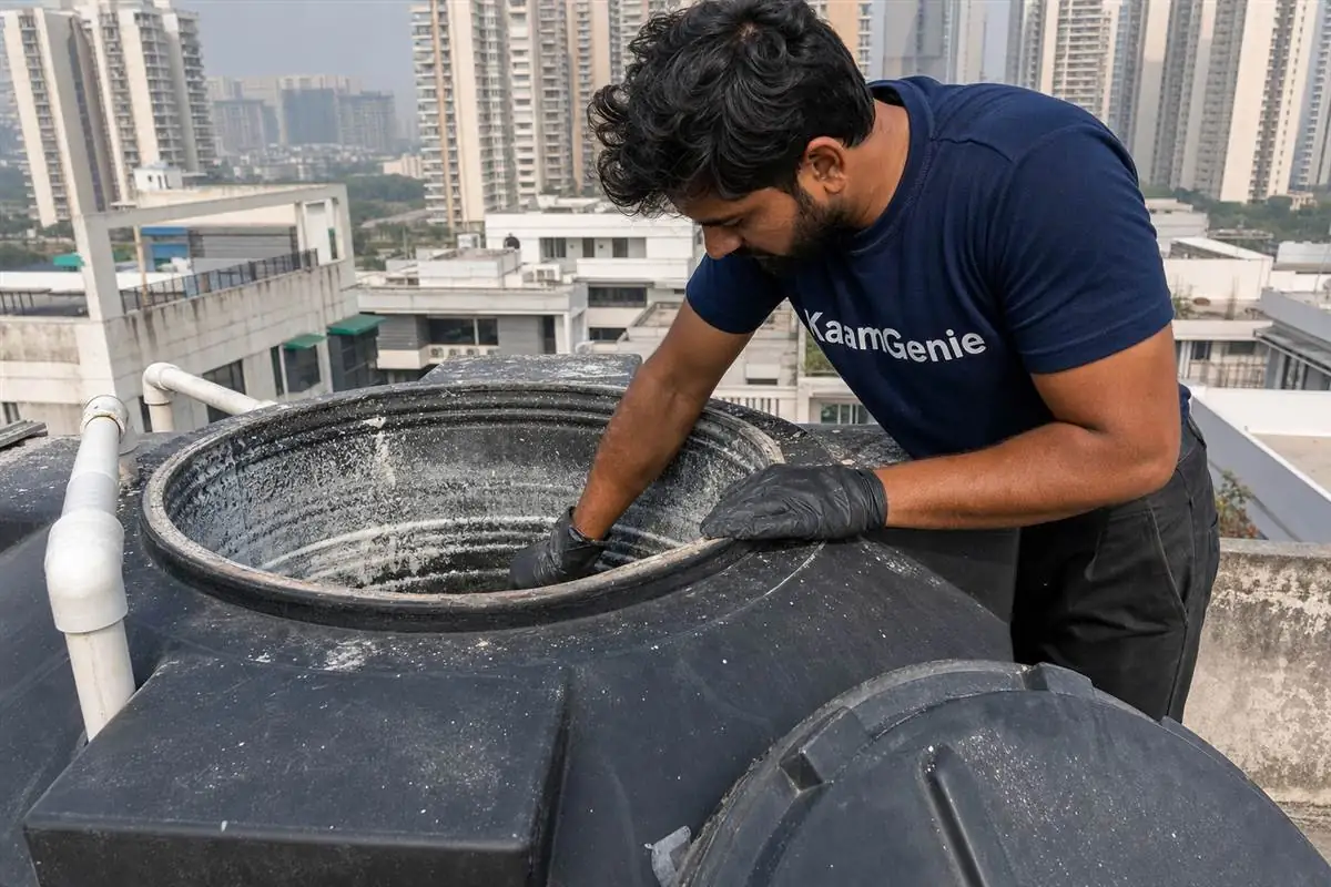 KaamGenie crew member applying food-grade descaling solution to the scaled wall of a water tank on a Gurgaon high-rise rooftop