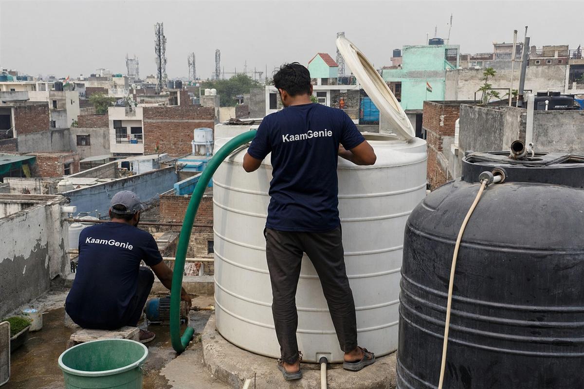 KaamGenie crew cleaning a water tank in Madanpuri, Gurgaon