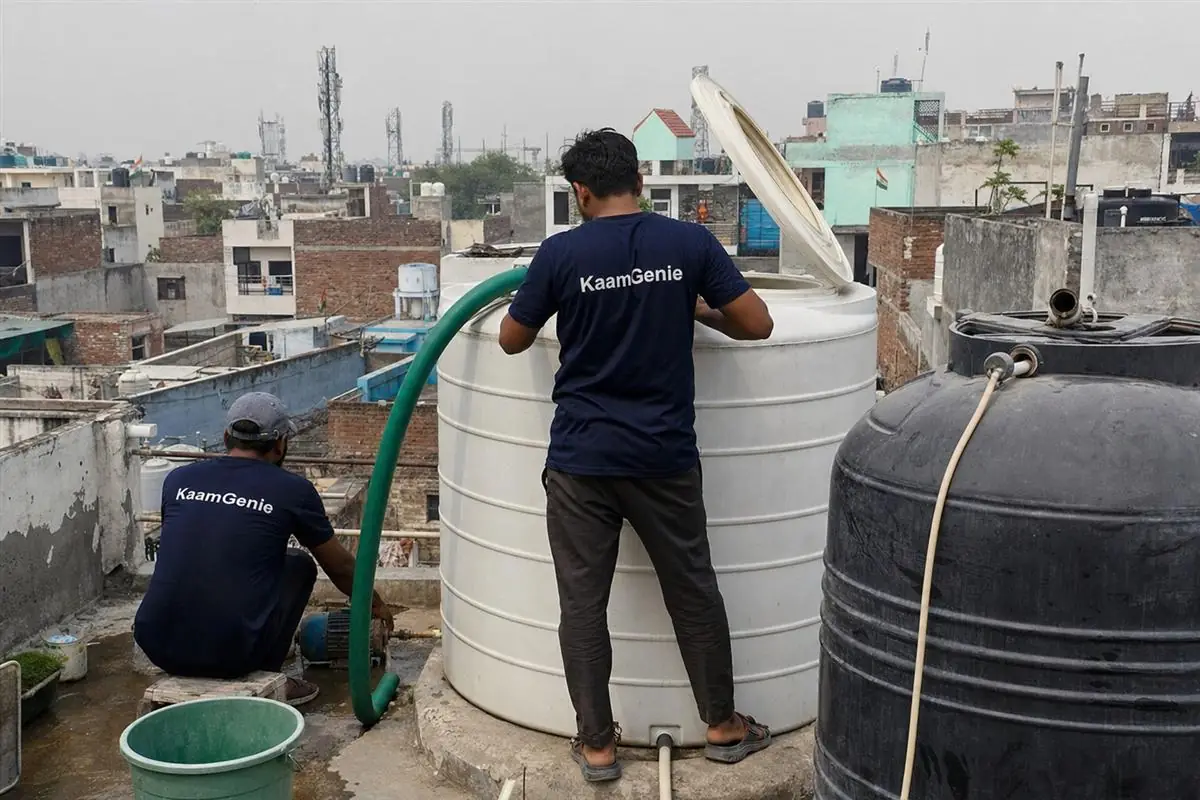 KaamGenie crew cleaning a water tank in Madanpuri, Gurgaon