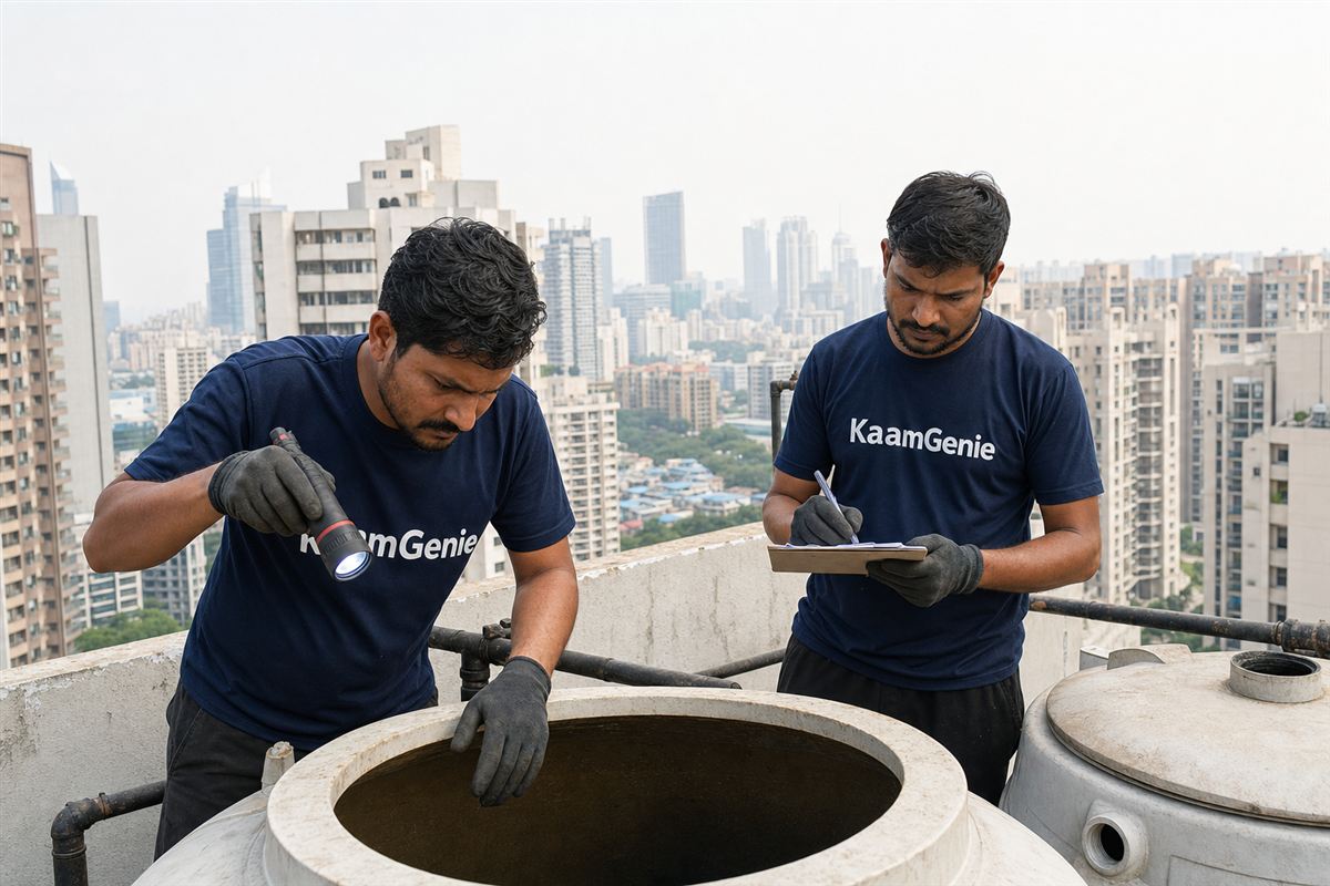 KaamGenie crew cleaning a water tank in Malibu Towne, Gurgaon