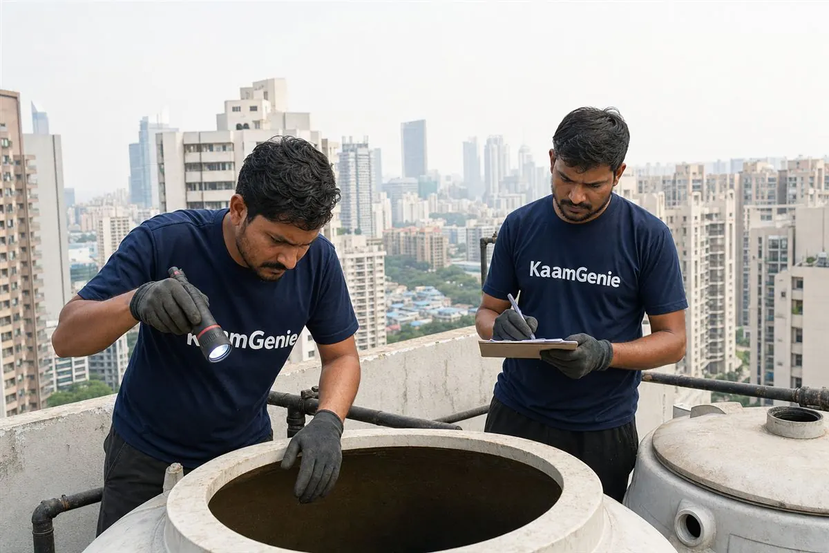 KaamGenie crew cleaning a water tank in Malibu Towne, Gurgaon