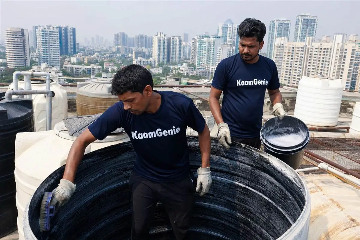 KaamGenie crew cleaning a water tank in MG Road, Gurgaon