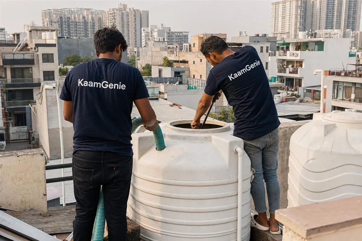 KaamGenie crew cleaning a water tank in Nathupur, Gurgaon